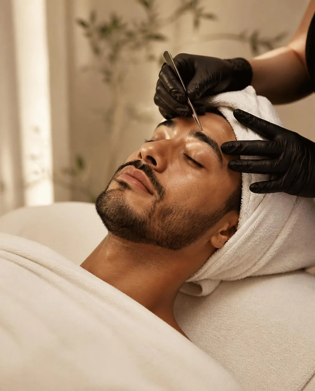 A relaxed client on the treatment bed, a white towel over his hair, while black-gloved hands tidy his brows with tweezers.