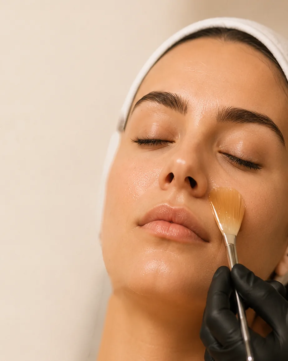 Lunévia Signature Facial: wearing black gloves, the specialist applies a mask with a fan brush to the client’s skin.