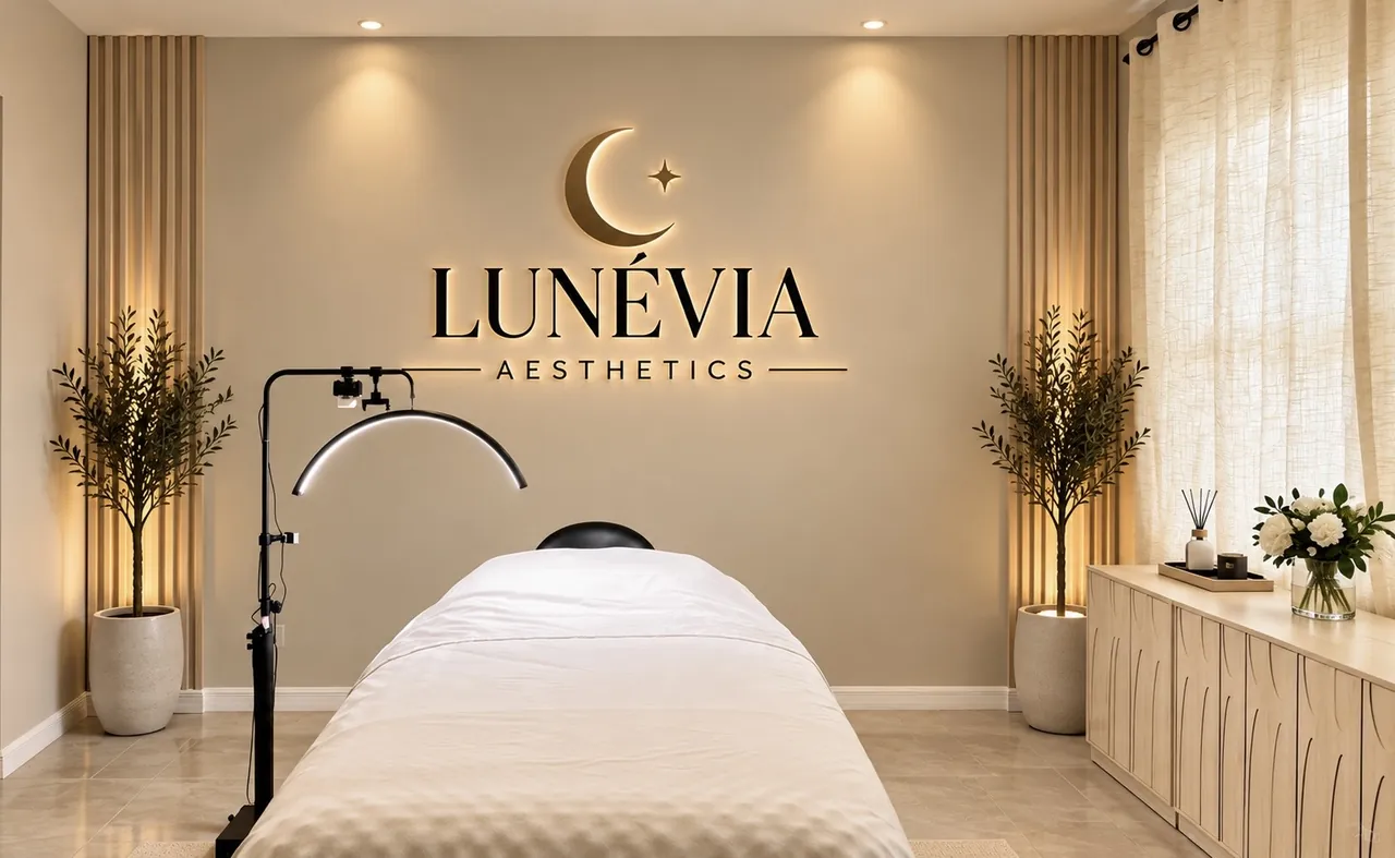 The LUNÉVIA treatment room: a bed with white linens, an arc lamp, olive trees and the illuminated logo on the wall.